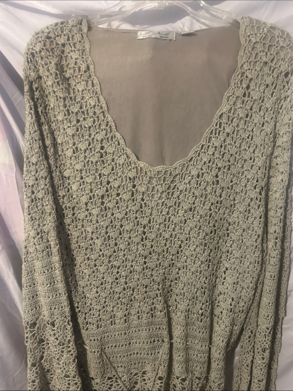 V-Neck Crochet Sweater Tunic in Light Sage